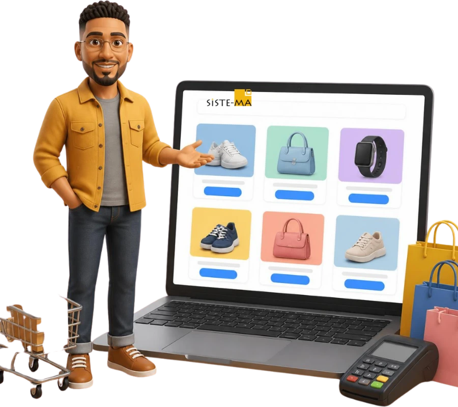 Online mağaza ürün sayfalarını gösteren SİSTE-MA karakteri, yanında alışveriş sepeti, kargo kutuları ve ödeme cihazı
