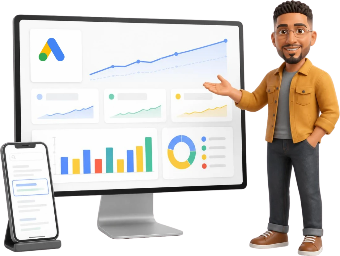 Google Ads kampanya raporlarının açık olduğu ekranı gösteren SİSTE-MA karakteri