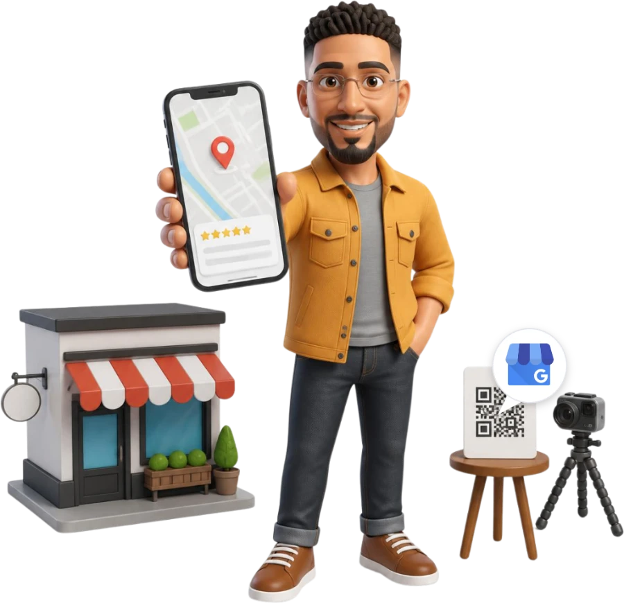 Haritada işletme profili açık telefonu gösteren SİSTE-MA karakteri, yanında dükkân maketi, Google İşletme Profili logolu QR yorum kartı ve kamera