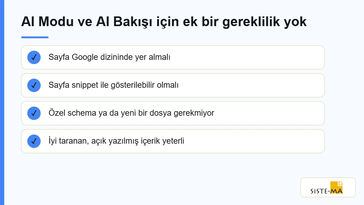 Google SEO 2026 Rehberi, İşletmeler İçin Neler Değişti? 3 Google SEO ve AI Modu için sayfanın dizinde olması ve snippet ile gösterilebilmesi yeterli