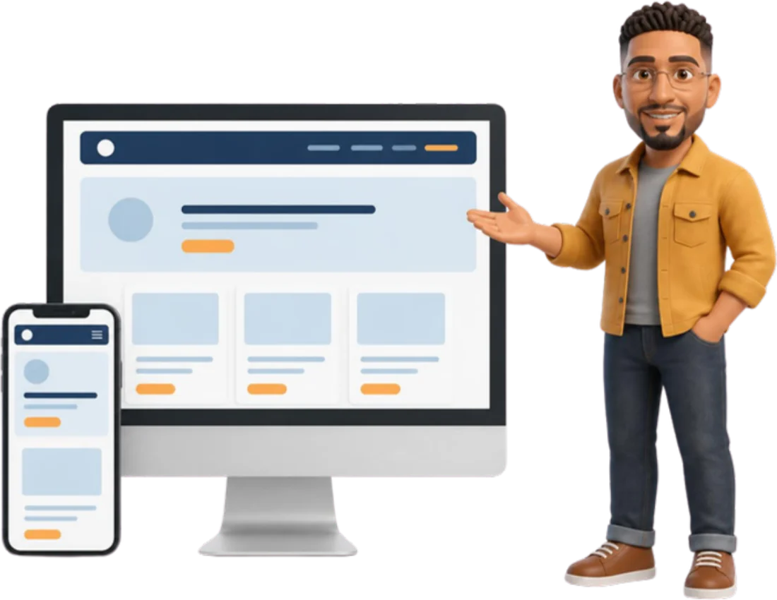 Masaüstü ve mobil görünümü hazır kurumsal web sitesini gösteren SİSTE-MA karakteri
