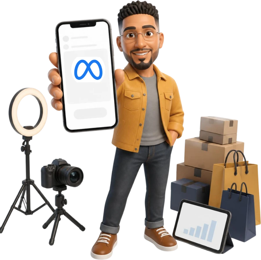 Elinde Meta reklam ekranı açık telefon tutan SİSTE-MA karakteri, yanında ışık halkası, kamera ve ürün kutuları