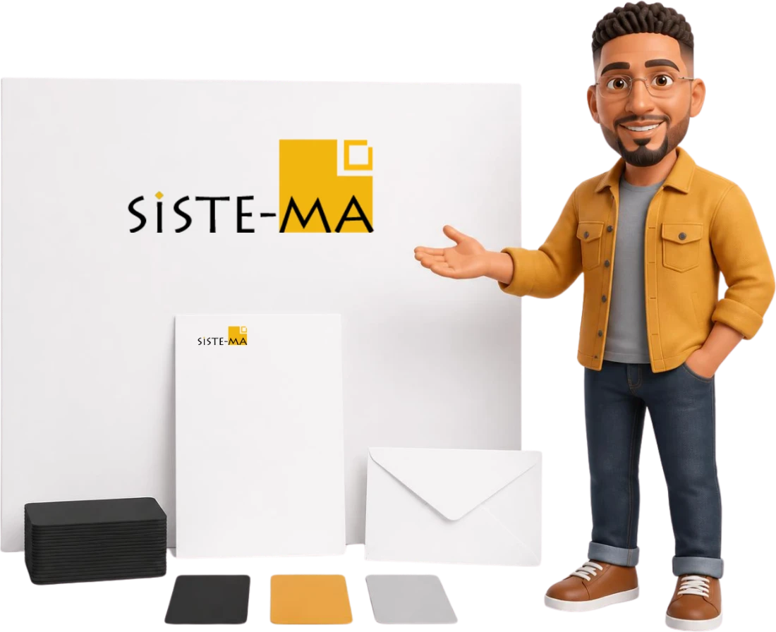 SİSTE-MA logosunun pano, antetli kâğıt, kartvizit ve zarftan oluşan kimlik setinde kullanımını gösteren karakter